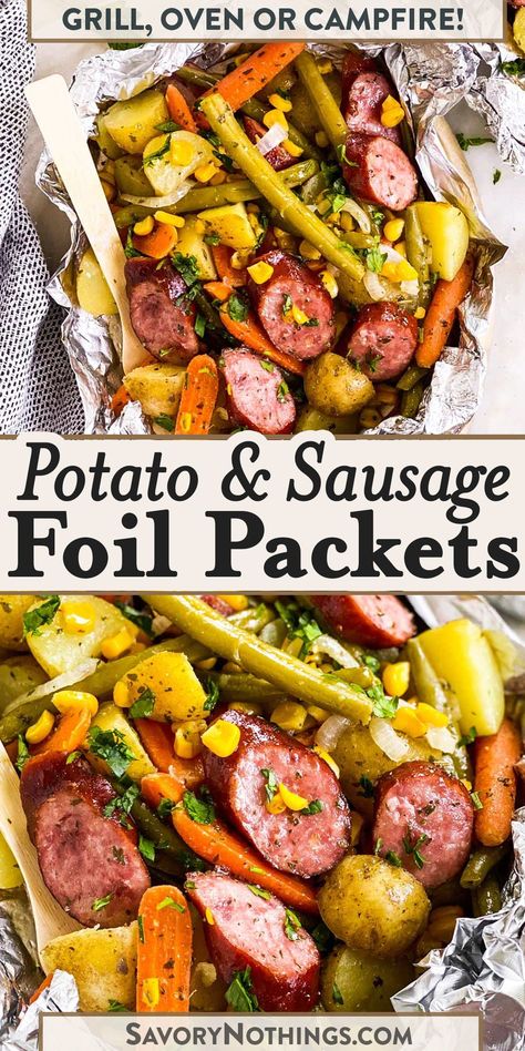 These potato and sausage foil packets are quick to put together with minimal clean up for the perfect easy dinner. Whip them up on the grill on hot summer days, or make them in the oven if you prefer – this recipe is perfectly versatile! | #foilpackets #sausagerecipes #dinnerrecipes Kielbasa Foil Packets Oven, Foil Packets For The Oven Sausage, Healthy Foil Packets For The Grill, Kielbasa Foil Packets, Grill Packet Recipes, Bbq Foil Packet Dinners, Tin Foil Dinners On Grill, Make Ahead Foil Packets For Camping, Foil Packet Recipes For The Oven