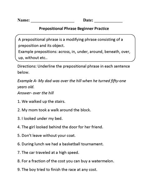 Prepositional Phrases Worksheets | Prepostional Phrase Beginner Practice Worksheet Ged Worksheets, Speech Worksheets, Diagramming Sentences, Parts Of A Sentence, Preposition Worksheets, 6th Grade Worksheets, Adjective Worksheet, Prepositional Phrases, Spanish Worksheets