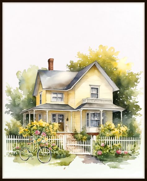 Springtime Printables to Brighten Your Day - my home of all seasons Houses Watercolor, Yellow Farmhouse, House Cartoon, Arizona Landscape, Apple Logo Wallpaper Iphone, Apple Logo Wallpaper, January 1st, Yellow Houses, Building Designs