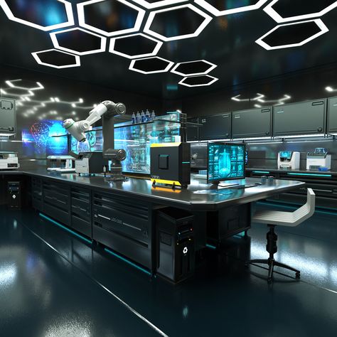 Laboratories Design Interior, Science Fiction Interior Design, Scifi Research Facility, Sci Fi Computer Room, Sci Fi Room Design, Cyberpunk Laboratory Concept Art, Sci Fi Themed Room, Tech Building Design, Robotics Lab Aesthetic