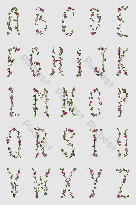 Bujo Fonts, Drawing Floral, Plant Font, Alphabet Symbols, Hand Drawn Floral, Drawn Floral, English Alphabet, Graphic Elements, Handwriting Fonts