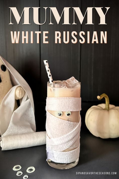 Unwrap the spooktacular magic of Halloween with our Mummy White Russian – the perfect blend of a white Halloween cocktail! Delight in the eeriness of mummy-wrapped cocktails and explore more Halloween themed drinks. Get ready to sip on these spooky cocktails and make your Halloween unforgettable! Halloween White Russian, Mummy Cocktail, Halloween Wraps, Cocktail Contest, Mummy Party, Transylvania Movie, Spooky Drinks, White Halloween Party, Spooky Cocktails