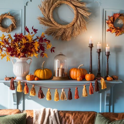 BOHO LIVING ROOM FALL DECOR 💖🧡🧡 Boho Fall Mantle Decor, Boho Autumn Decor, Room Fall Decor, Boho Fall Decor, Boho Autumn, Fall Mantle Decor, Fall Mantle, Fall Living Room Decor, Boho Fall