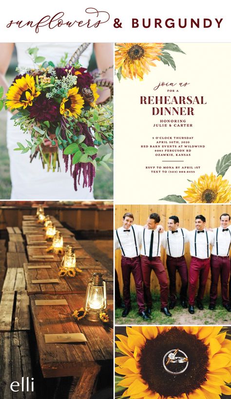 Wedding Colors With Sunflowers, Sunflower And Burgundy Wedding, Fall Sunflower Weddings, Sunflower Wedding Decorations, Fall Wedding Color Schemes, Rustic Sunflower Wedding, Sunflower Themed Wedding, Maroon Wedding, Wedding Themes Fall