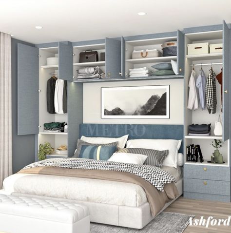 Bed With Built In Storage, Over Bed Units, Bedroom With Wardrobe On Both Sides, Bed With Cabinets Around, Overbed Wardrobe Small Spaces, Diy Bedroom Built Ins Around Bed, Built In Double Bed With Storage, Storage Cabinet Above Bed, Bed Side Table Storage