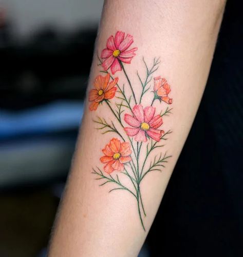 46 Meaningful Cosmos Flower Tattoo Ideas for 2024 Larkspur And Cosmos Flower Tattoo, Cosmos Tattoo Flower, Cosmo Tattoo Flower, Cosmos Flowers Tattoo, Marigold And Cosmos Flower Tattoo, Cosmo Tattoo, Cosmo Flower Tattoo, Flower Tattoo Placement, Anklet Tattoo