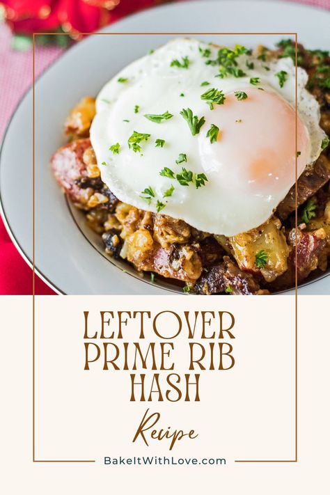 A close-up on a bowl of prime rib breakfast hash topped with an over easy egg. Primerib Leftovers, Beef Chunks, Leftover Prime Rib, Breakfast Hash Recipes, Skillet Breakfast, Leftover Breakfast, Pan Fried Potatoes, Breakfast Skillet, Breakfast Hash