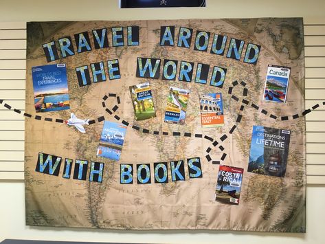 Travel Library Display  Travel with books Travel Library Display, Adventure Awaits Library Theme, Adventure At Your Library, Adventure Begins At Your Library Crafts, Adventure Library Display, Reading Takes You Places, Adventure Library Programs, Summer Reading 2024 Adventure Begins At Your Library, Adventure Begins At Your Library