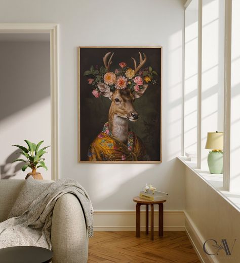 Deer Maximalist Eclectic Animal Portrait Print Funky Animal Poster Decor Colorful Altered Painting Large Wall Art Canvas #2247 Maximalist Eclectic, Large Wall Art Canvas, Animal Poster, Grand Art Mural, Poster Decor, Large Canvas Wall Art, Animal Posters, Fine Arts Posters, Aesthetic Room Decor