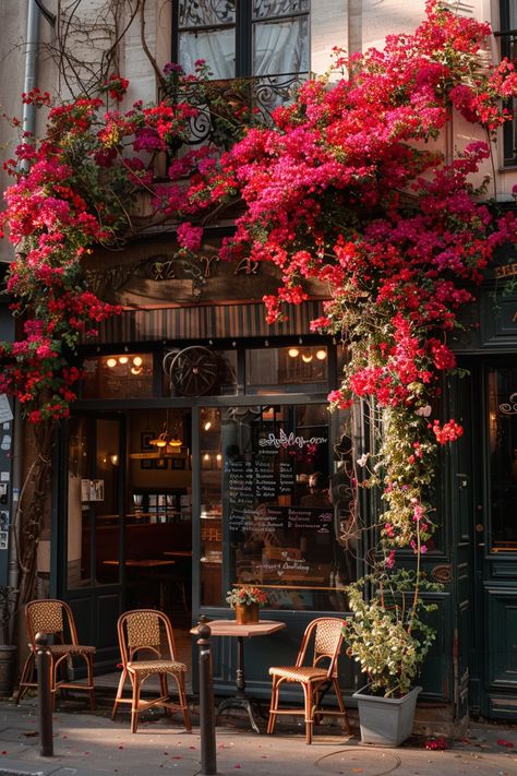 Charming Parisian café with pink bougainvillea, outdoor seating on cobblestone street, perfect for coffee break Parisian Coffee Shop Aesthetic, Outdoor French Cafe, Paris Cafe Interior Design, Paris Coffee Shop Aesthetic, Parisian Cafe Interior, French Cafe Aesthetic, Coffee Shop Paris, Paris Cafe Interior, Parisian Coffee Shop