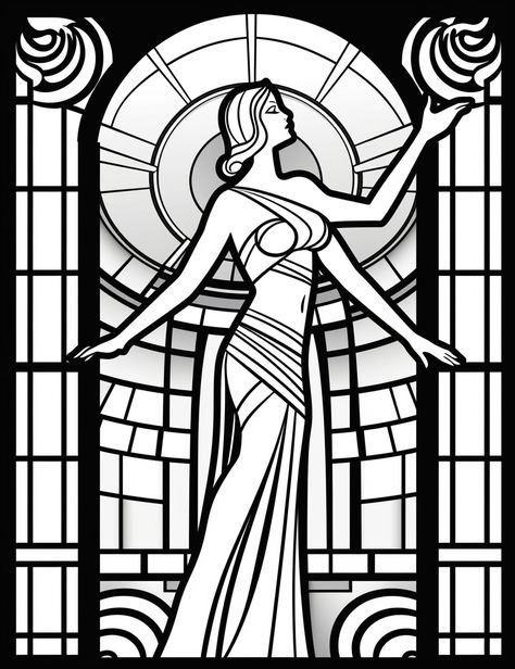 Art Deco Stained Glass Window, Stained Glass Window Design, Glass Window Design, Art Deco Stained Glass, Cover Illustration, Doodle Illustration, Clipart Black And White, Black Lines, People Illustration