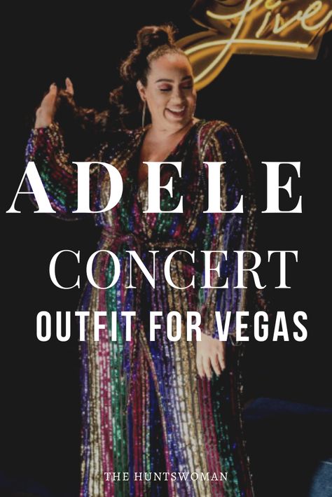 Woman in sparkly sequin jumpsuit posingg with a long ponytail.  Text on image reads "Adele concert outfit for vegas" Adele Vegas Outfit, Concert Vegas Outfit, Vegas Concert Outfit Plus Size, Vegas Plus Size Outfits, Las Vegas Outfit Curvy, Vegas Concert Outfit Ideas Summer, Concert Jumpsuit Outfit, Adele Outfits Concert, Adele Concert Outfit Ideas Vegas