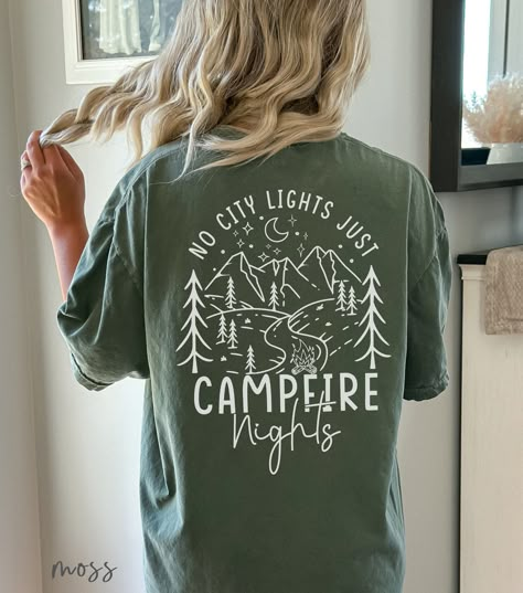 Looking for the perfect camping shirt to celebrate your love for the great outdoors? This camping t-shirt captures the essence of those cherished moments spent under the stars, surrounded by nature. Perfect for family camping trips or a camp-themed bachelorette party, this camper tee will quickly become your favorite.  👉 ABOUT No City Lights Just Camp Fire Nights Comfort Colors® 1717 Shirt - 100% Airlume combed and ringspun cotton - Soft cotton and quality print make users fall in love with it Camping Shirt Designs, Camping T Shirts Ideas, Camping Tshirt Ideas, Camp Tshirt Designs, Camping Shirt Ideas, Summer Camp Shirt, Sisterhood Retreat, Camp Shirt Designs, Happy Camper Shirt