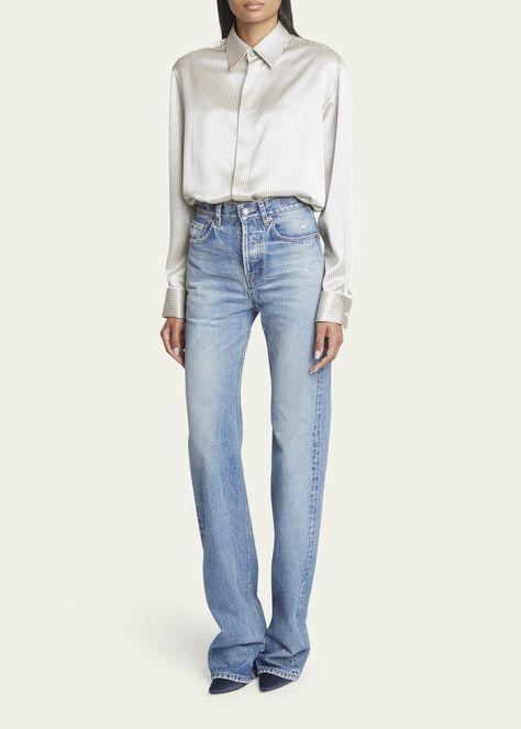 Saint Laurent Long Straight-Leg Denim Jeans Ysl Jeans, Rich Shopping, Saint Laurent Jeans, Straight Leg Denim, Bergdorf Goodman, Top Designers, Shopping List, Jeans Pants, Blue Denim