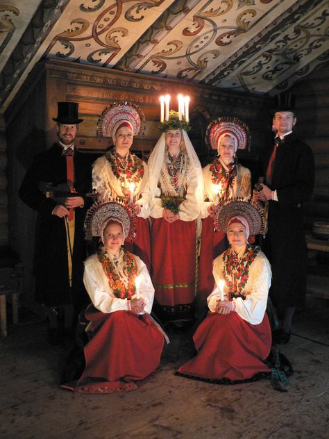 Lucia celebration with Malung costumes, Dalarna. Denmark Culture, Sankta Lucia, Santa Lucia Day, St Lucia Day, Saint Lucy, Vegas Hotels, Travel Thailand, Swedish Christmas, Croatia Travel