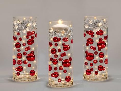 40th Anniversary Table Decorations, Xmas Party Centerpieces, Red And Gold Centerpieces, Christmas Party Decorations Elegant, Vase Decorations, Red Centerpieces, Pearl Centerpiece, Light Images, Vase Fillers