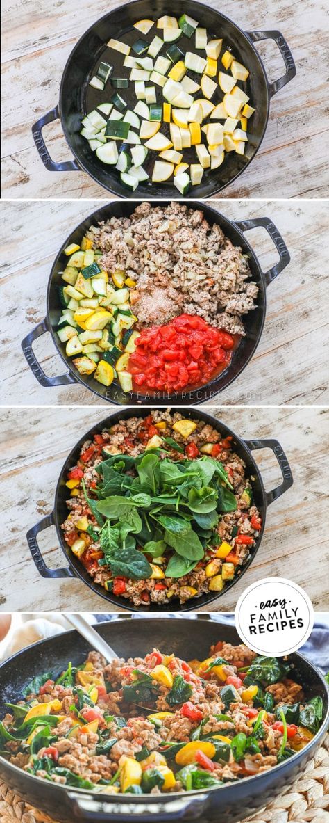 Try this ONE-PAN, easy clean up, 30 MINUTE family friendly dinner! This FAST Italian seasoned ground turkey recipe uses fresh zucchini, yellow squash, and spinach with canned tomatoes for a delicious, wholesome one-skillet meal your family will love. It’s a go-to quick and easy dinner on busy nights, or when you need that perfect meal prep recipe for lunch. Serve it with pasta, grains, or garlic bread for a satisfying dinner, then repurpose leftovers in new and tasty ways the rest of the week! Lean Easy Meals, Ground Turkey Veggie Recipes, Turkey Squash Skillet, Turkey And Vegetables, Healthy Spaghetti Squash Recipes Ground Turkey, Ground Turkey And Vegetables, Ground Turkey And Veggie Skillet, Ground Turkey Squash Zucchini, Turkey And Vegetable Skillet