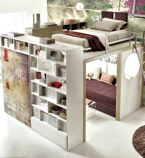 8 Creative loft ideas for small spaces with high ceiling | http://www.godownsize.com/creative-loft-ideas-small-spaces-high-ceiling/ A Loft Bed, Teen Girl Bedroom, Girl Bedroom Designs, Small Room Design, Teenage Bedroom, Bedroom Loft, Room Decorating