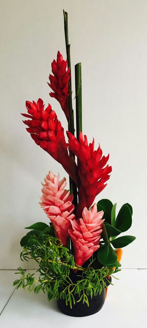 Red Ginger Arrangement. Belize Flowers.  dulcebelizeweddings@gmail.com #flowersinbelize Red Ginger Flower Arrangement, Ginger Flower Arrangement, Belize Wedding, Ginger Flower, Tropical Flower Arrangements, Cross Wreath, Floral Trends, Wedding Reception Tables, Fresh Flowers Arrangements