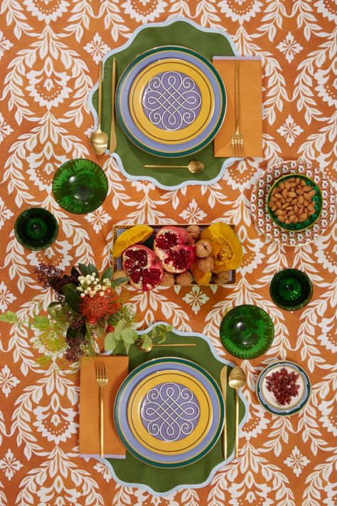 Our crisp 100% linen tablecloths come printed in LDJ patterns that can be mixed and matched with colour-popping napkins and placemats for a maximalist dinner set Maximalist Dinnerware, Colorful Table Setting, October Sky, Icon Jewelry, Moroccan Table, Boutique Spa, Beautiful Patios, Holiday Places, Hot Toddy