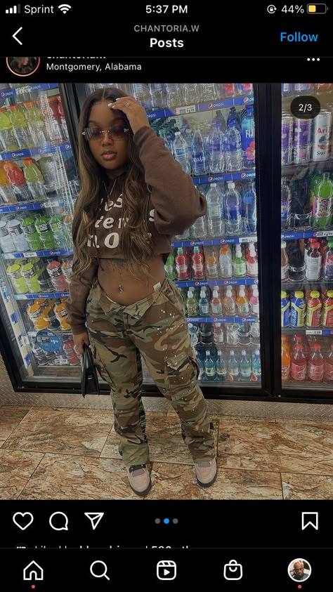 Brown And Camo Outfit, Spring Outfits Black Women School, Cute Outfits Black Women Street Styles, Fits For Black Women, Tom Girl Outfits, Camo Outfits For Black Women, Cute Casual Outfits Black Women, Trail Ride Outfit Black Women, Outfits Ideas Black Women