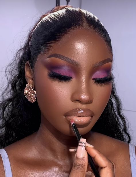 Purple Birthday Makeup Looks, Makeup Ideas Purple Dress, Dark Purple Birthday Dress, Purple Soft Glam Makeup, Purple Prom Makeup Looks, Purple And Gold Eye Makeup, Purple Lipstick Looks, Mauve Eye Makeup, Dark Purple Makeup Looks