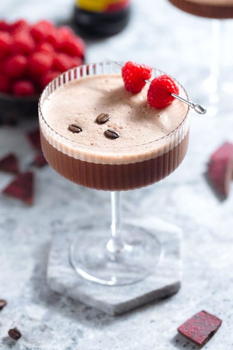 Cherry Espresso Martini, Strawberry Espresso Martini, Valentines Drinks Coffee, Berry Vodka Cocktails, Chocolate Cherry Cocktail, Red Velvet Espresso Martini, Valentines Day Cocktails, Chocolate Strawberry Cocktail, Cocktails With Raspberry Syrup