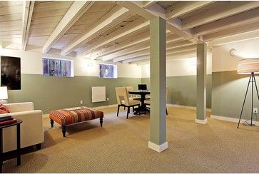 Idea for unfinished DIY exposed basement ceilings with light colors or whitewashed (think about if white-washing would look ok with our metal beams). Like the color blocking idea with upper color blending with ceiling. Could finish the beams like this or like the white wood beams I pinned. Nice open layout but would want more storage. Unfinished Basement Decorating, Unfinished Basement Ceiling, Cheap Basement Ideas, Low Ceiling Basement, Contemporary Basement, Basement Inspiration, Bedroom Minimalist, Diy Basement, Small Basements