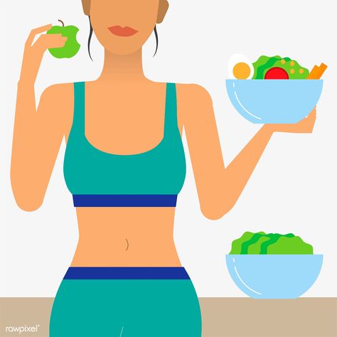 Woman eating healthy food illustration | free image by rawpixel.com Healthy Person Illustration, Inspirational Backgrounds, Woman Eating, Poster Idea, Alkaline Water, Healthy Dog Treat Recipes, 2000 Calorie Diet, Diet Food List, Food Illustration