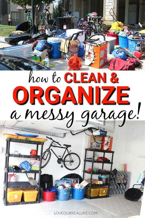 Looking for tips to clean a messy garage. Is your garage floor covered in piles of sports equipment and junk? Follow these garage organization tips and end the overwhelm! #garage #clean #tidy #overwhelm Garage Cleaning Tips, Organizing Garage Ideas Declutter, Garage Clean Out Tips, Decluttering Garage, Alex Benjamin, Garage Declutter, Declutter Garage, Messy Garage, Organizing House