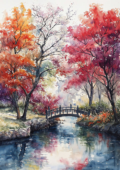 Cross the 'Bridge to Fall' and immerse yourself in autumn's colorful embrace. This watercolor bridge is a gateway to a world where every hue tells a story of change and beauty. Beautiful Art Watercolor, Landscape Ideas Watercolor, Scenery Drawing Watercolor, Bridge Art Paintings, Scenery Drawing Ideas, Autumn Watercolor Paintings, Nature Watercolor Paintings, Watercolor Bridge, Water Colour Landscape