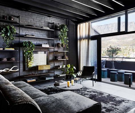 An industrial-style apartment with a dark and moody monochrome palette Brick Living Room, Monochrome Palette, Industrial Living, Industrial Livingroom, Industrial Interior Design, Design Industrial, Decoration Inspiration, Industrial House, Decor Minimalist