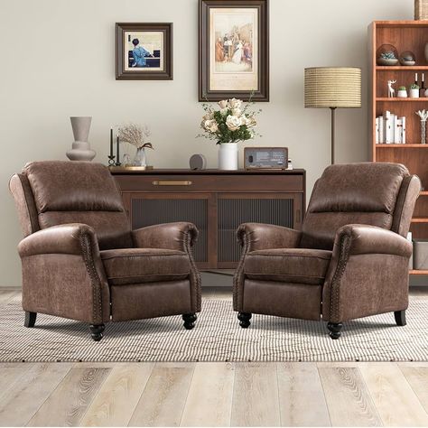 Amazon.com: CANMOV Chocolate Recliner Chair for Relaxing | Faux Leather | Rivet Decoration | Single Sofa, Accent Chair | Living Room : Home & Kitchen Decorating With Recliners Family Rooms, Reading Nook 2 Chairs, Brown Leather Accent Chair Living Rooms, Ralph Lauren Inspired Living Rooms, Sitting Room Chairs Furniture, Lazy Boy Furniture Living Rooms, Recliner Sofa Living Room Decor, Recliners In Living Room, Sitting Room Furniture