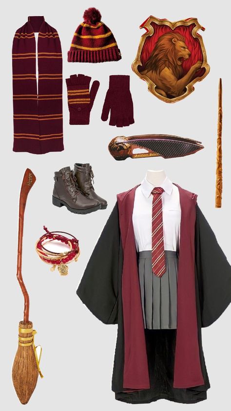 #grifinoria #HarryPotter Cute Hogwarts Outfits, Harry Potter Gryffindor Outfits, Gryffindor Uniform Aesthetic, Harry Potter Girl Costume, Hogwarts Outfits Gryffindor, Gryffindor Aesthetic Outfit, Hogwarts Dress, Outfit Harry Potter, Gryffindor Outfits