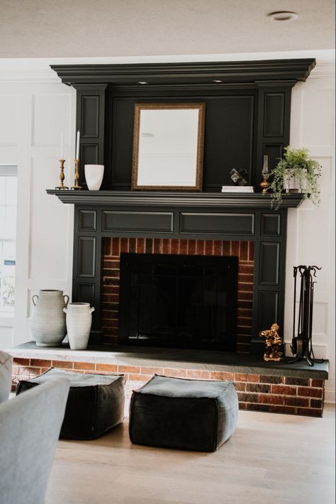 Fireplace Mantle Trim, Black Statement Fireplace, Dental Moulding Fireplace, Black And Brick Fireplace, Vintage Black Fireplace, Dark Painted Fireplace Surround, Tudor Style Fireplace, Dark Fireplace Mantle Decor, Fireplace Mantle Black