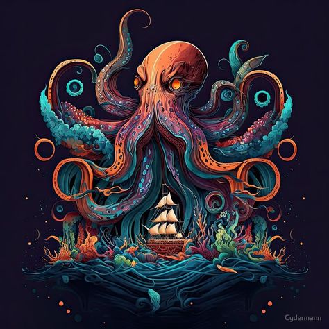 Kraken Art Illustrations, Kraken Painting, Kraken Illustration, Kraken Art, Sea Creatures Art, The Kraken, Hawaiian Theme, Cthulhu, Kraken