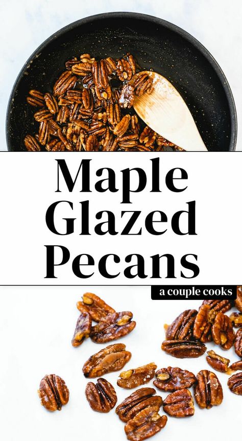 Glazed pecans add the perfect crunch to salads, or snack on them by the handful! These sweet and salty nuts are covered in a coating of maple syrup. #maple #glazed #pecans #glazedpecans #pecanrecipe #pecans Glazed Nuts Recipe, Glazed Nuts, Glazed Walnuts, Salad Dressing Recipes Healthy, A Couple Cooks, Glazed Pecans, Vegetarian Cookbook, Couple Cooking, Nut Recipes