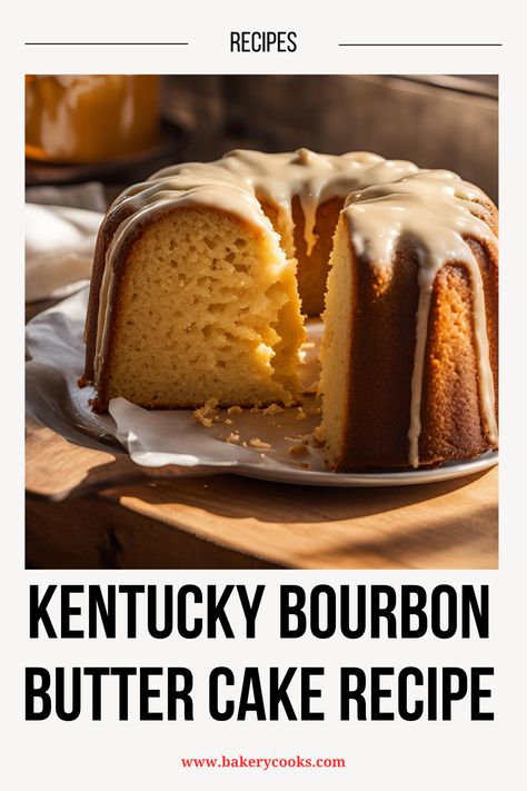 Kentucky Bourbon Butter Cake is a rich, moist dessert infused with the distinct flavors of bourbon and butter. Made with simple ingredients like flour, sugar, eggs, and a generous amount of bourbon, it features a tender crumb and a slightly caramelized crust, perfect for pairing with coffee or enjoying on its own. Kentucky Bourbon Butter Cake, Kentucky Bourbon Cake, Bourbon Birthday Cake, Whisky Cake Recipe, Bourbon Butter Cake, Kentucky Butter Cake Recipe, Bourbon Buttercream, Whiskey Cake Recipe, Chocolate Bourbon Cake