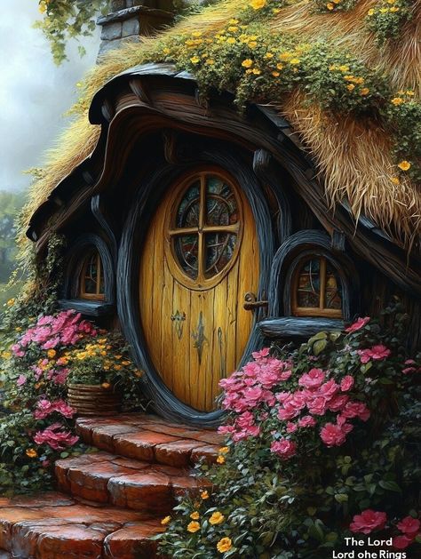 Middle-earth (J.R.R. Tolkien's "The Lord of the Rings") Hobbit House Exterior, Hobbit Cake, Cosy Homes, Hobbit Holes, Enchanted Castles, Unique Cottages, Storybook Homes, Whimsical Art Paintings, Fairytale Cottage