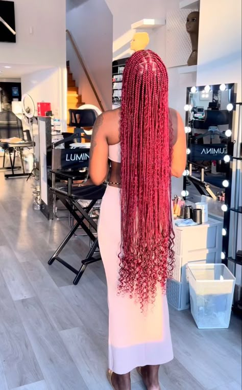 Red Knotless Goddess Braids, Long Red Boho Knotless Braids, Braided Hairstyles Burgundy, Red Bohemian Braids, Red Braids With Curls, Red Braided Hairstyles, Long Red Braids, Red Braids For Black Women, Red Goddess Braids