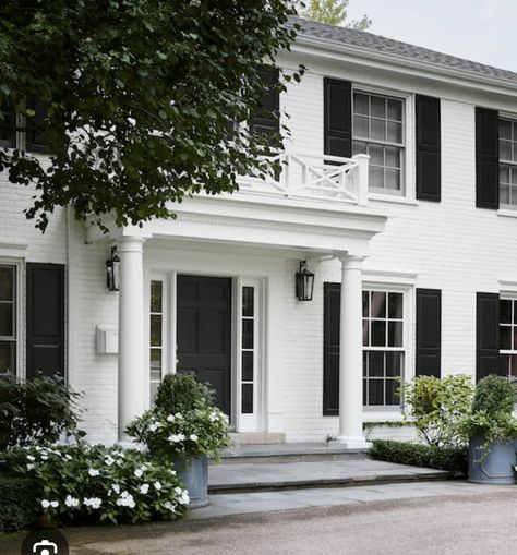 Front Pillars, White Exterior Paint Colors, Best Exterior House Paint, White Exterior Paint, White Colonial, Colonial House Exteriors, White Exterior Houses, Black Shutters, Porch Addition