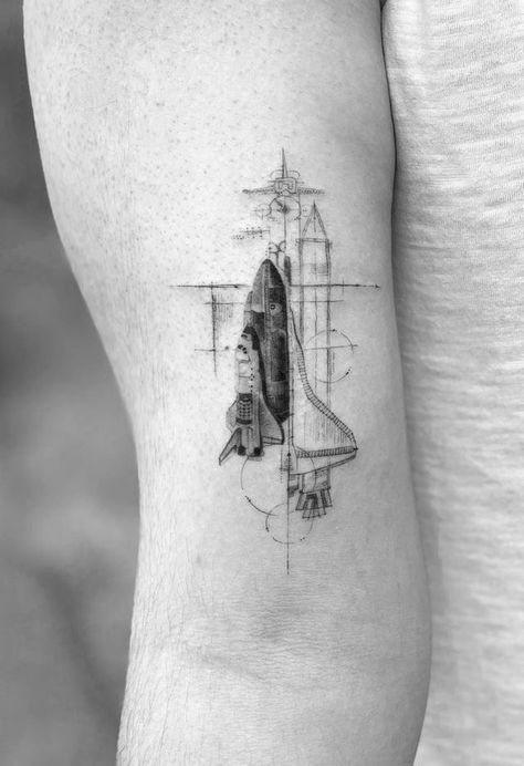 Line Art For Men, Space Shuttle Tattoo, Turkish Tattoo, Spaceship Tattoo, Tattoos 2022, Tattoo Line Art, Tech Tattoo, Airplane Tattoo, Rocket Tattoo