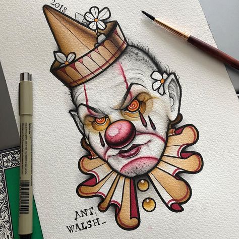 Joker Clown Tattoo, Clown Face Tattoos Design, Clown Lady Tattoo, Killer Clown Tattoo, Clown Mask Tattoo, Scary Clown Tattoo, Vintage Clown Tattoo, Terrifier Christmas, Clown Flash