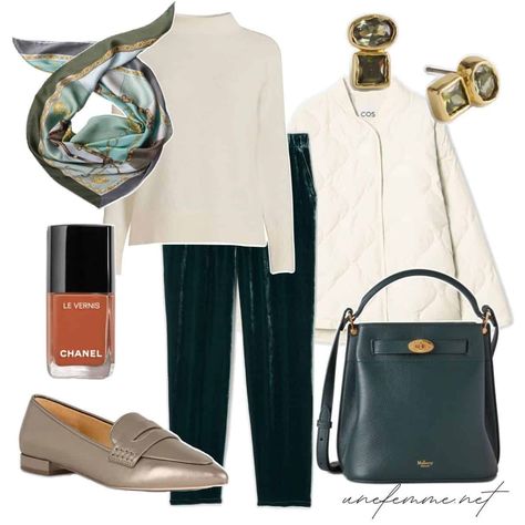 Casual holiday outfit idea with spruce velvet pants, ivory cashmere funnel neck sweater, quilted coat, Mulberry green bag, silk scarf, metallic pointed toe loafers. Outfits With Loafers Women, Outfit With Loafers Women, Holiday Outfits For Women, Style Inspiration Petite, Festive Outfit Ideas, Outfit Ideas Dress, Coastal Chic Style, Casual Holiday Outfits, Holiday Outfit Ideas