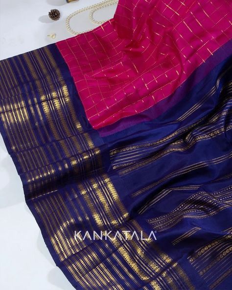 Royal Blue Kanchipuram Saree, Vintage Kanchipuram Silk Saree, Vintage Kanchipuram Saree, Dark Blue Saree Contrast Blouse, Dark Pink Saree Contrast Blouse, Marathi Saree, Blue Silk Saree, Silk Saree Kanchipuram, Vintage India