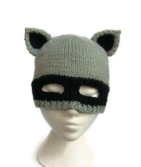 Raccoon hat knit racoon bandit balaclava animal ears mask beanie Raccoon Hat, Raccoon Mask, Animal Beanie, Monster Hat, Crochet Mask, Funky Hats, Novelty Hats, Make Do And Mend, Hat Knit