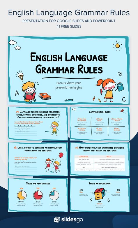 Teach some English grammar rules by editing these slides, intended for school kids. They have cartoony illustrations and can be edited in Google Slides and PowerPoint Student Of The Week, English Grammar Rules, Sight Words List, Background Powerpoint, Powerpoint Design Templates, Grammar Rules, Powerpoint Presentation Design, Educational Board, School Kids