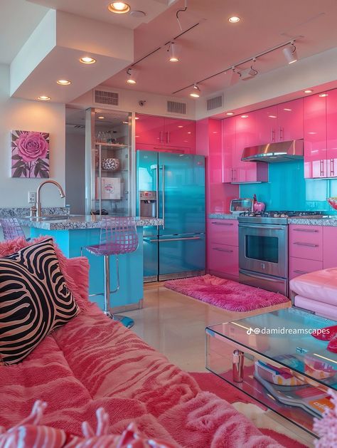 Y2k Aesthetic House, Crazy Home, 80s Interior, Sunken Living Room, Dream Apartment Decor, Future Apartment Decor, Pink Kitchen, Cute Bedroom Decor, Aesthetic Rooms