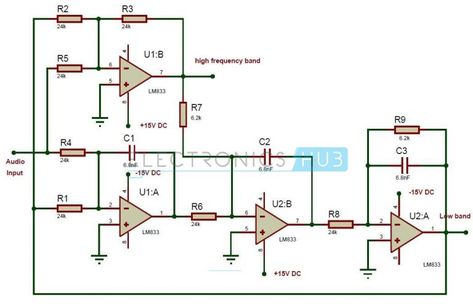 Active Audio Crossover Circuit | Electronic Filter Circuits Electronic Filters, Circuit Components, Hobbies To Take Up, Mini Amplifier, Audio Crossover, Dc Circuit, Simple Circuit, Hobby Electronics, Class D Amplifier