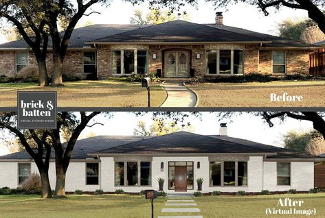 Favorite Whites for Your Home's Exterior | Blog | brick&batten Ranch House Exterior, House Makeovers, Stucco Homes, Brick Ranch, Home Exterior Makeover, Brick Exterior House, Exterior Makeover, Home Exterior, Exterior Remodel